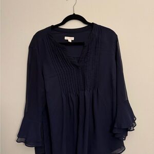 Plus Size Navy Blouse with Ruffle Sleeves
